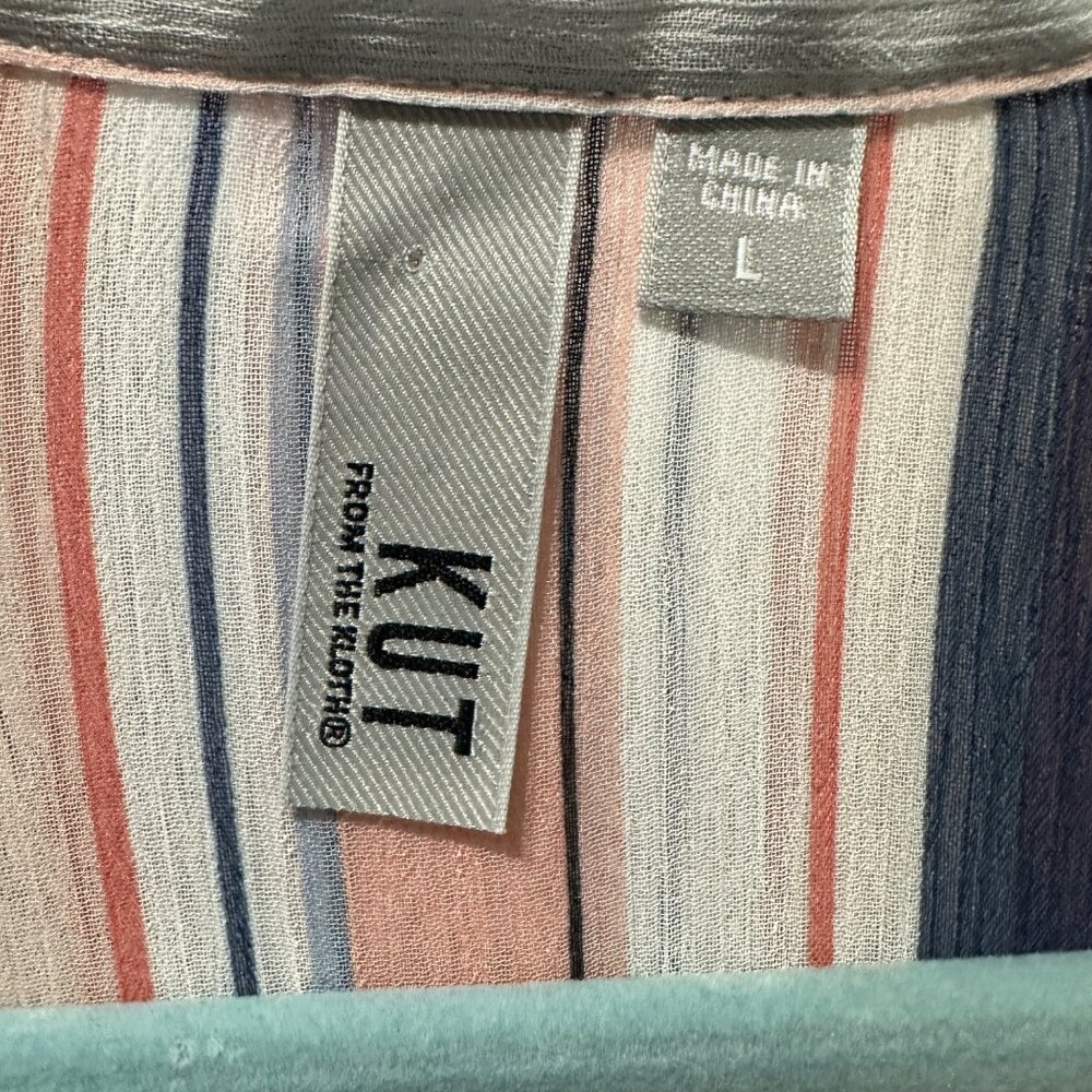 Kut From the Kluth size L blue stripe sheer button front v neck long sleeve top - Picture 3 of 7